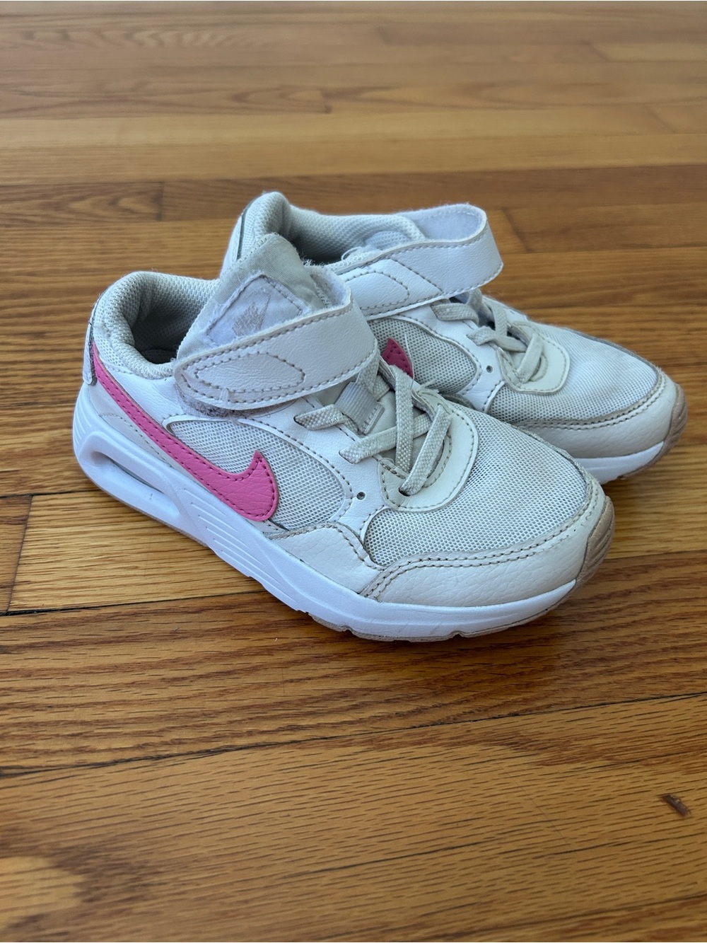 Nike Kids White Sneakers with Pink Swoosh and Velcro Strap
